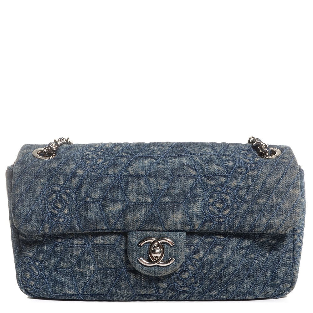 CHANEL  Denim Camellia Embroidered Flap Dark Blue